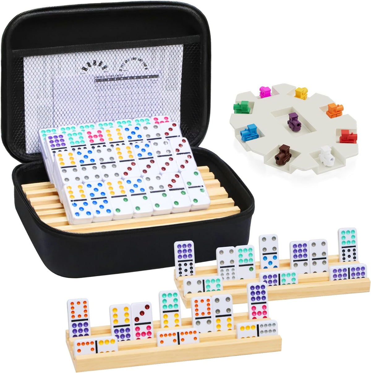 Mexican Train Dominoes Set with Numbers and 4 Wooden Trays/Racks - D12 Dot 4 Players