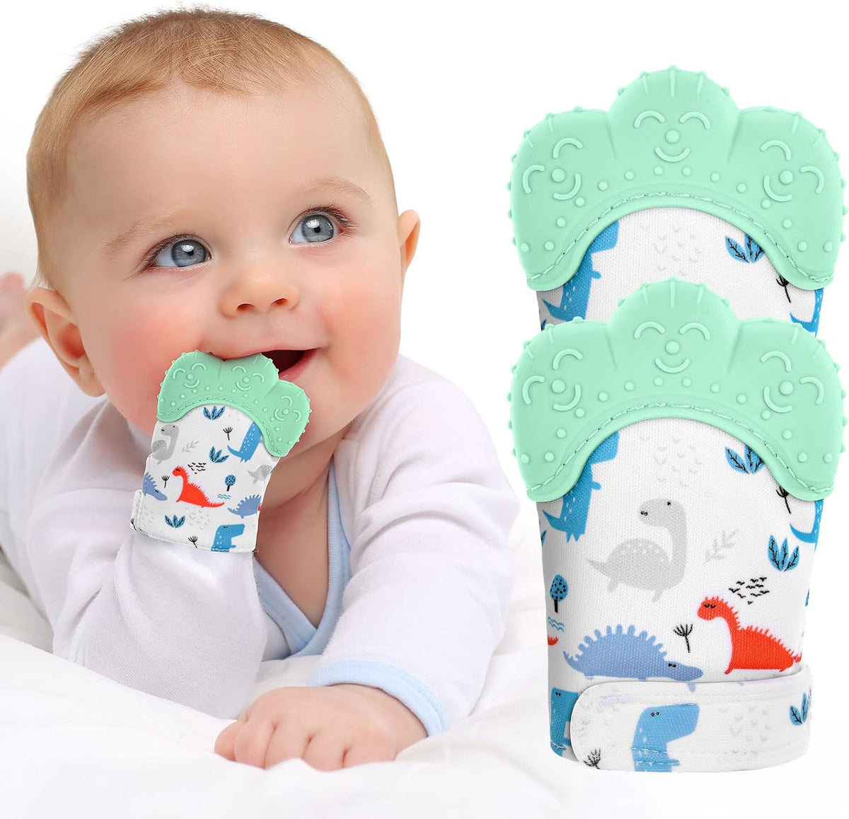 2Pack Silicone Teething Mitt - green dinosaur