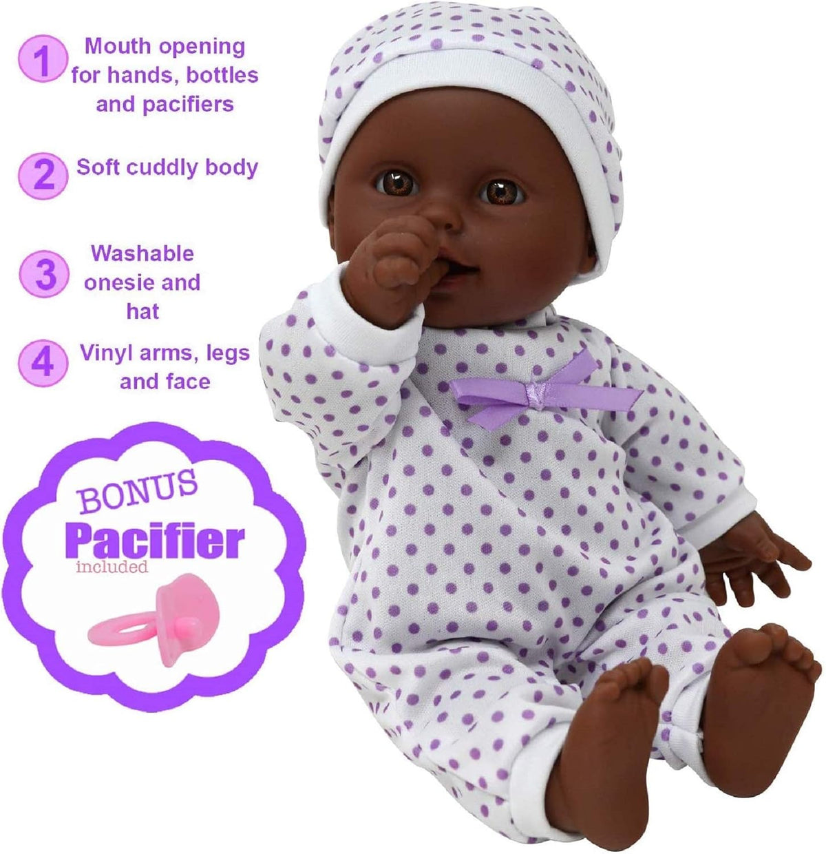 New York Doll Collection 11 inch soft body baby doll in polka dot onesie with pacifier and blanket - view 15