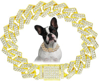 Pink Dog Necklace,Rhinestone Dog Chain Necklace Bling Diamond Cuban Link Dog chainCollars Glitter - 24 inch(Max Neck 23") / Golden
