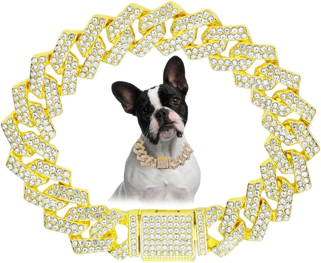 Pink Dog Necklace,Rhinestone Dog Chain Necklace Bling Diamond Cuban Link Dog chainCollars Glitter - 24 inch(Max Neck 23") / Golden
