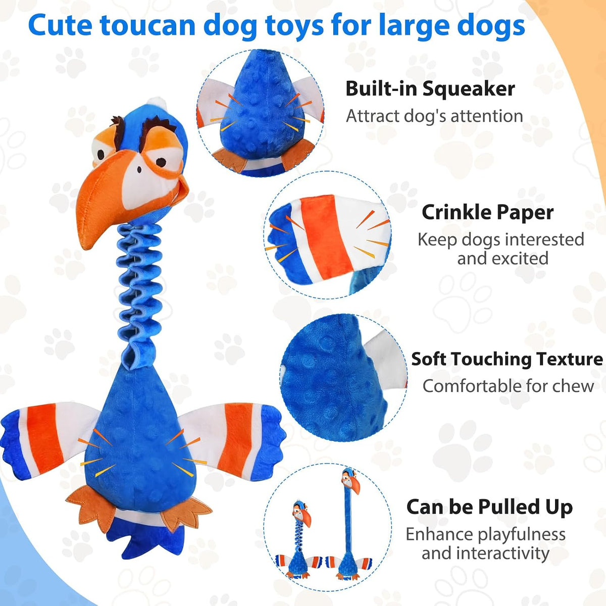 Squeaky Dog Toys for Large Dogs, Tough Tug of War Puppy Toy - Blue / Toucan - image 2