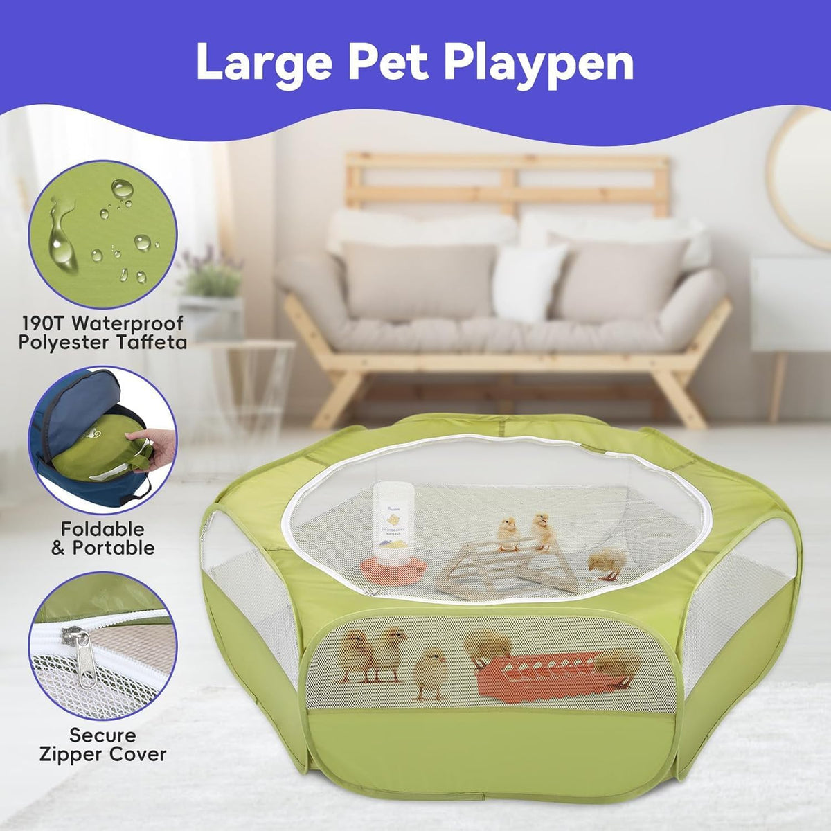 Pawaboo Small Animal Playpen, Waterproof Portable Pet Cage Tent - Z-Green + Red + Wood Color / 5 - image 2
