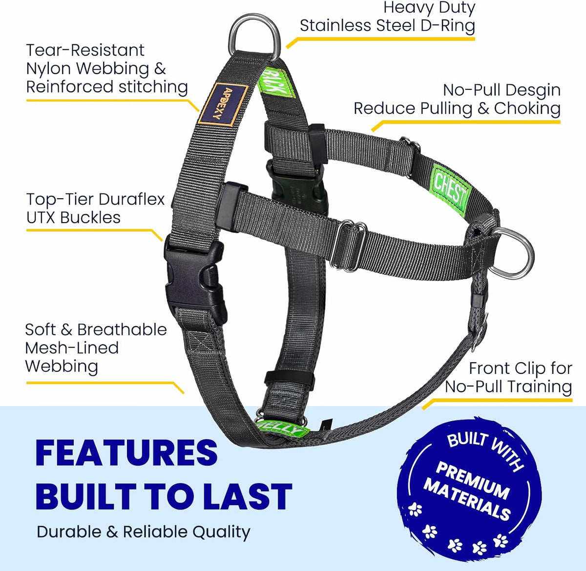 Freedom no pull dog harness for medium dogs with front D-ring and mesh-lined nylon webbing - view 3