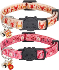 Halloween Cat Collar, Cotton 2 Pack Cat Collar with Bells - Reindeer / 7-11''