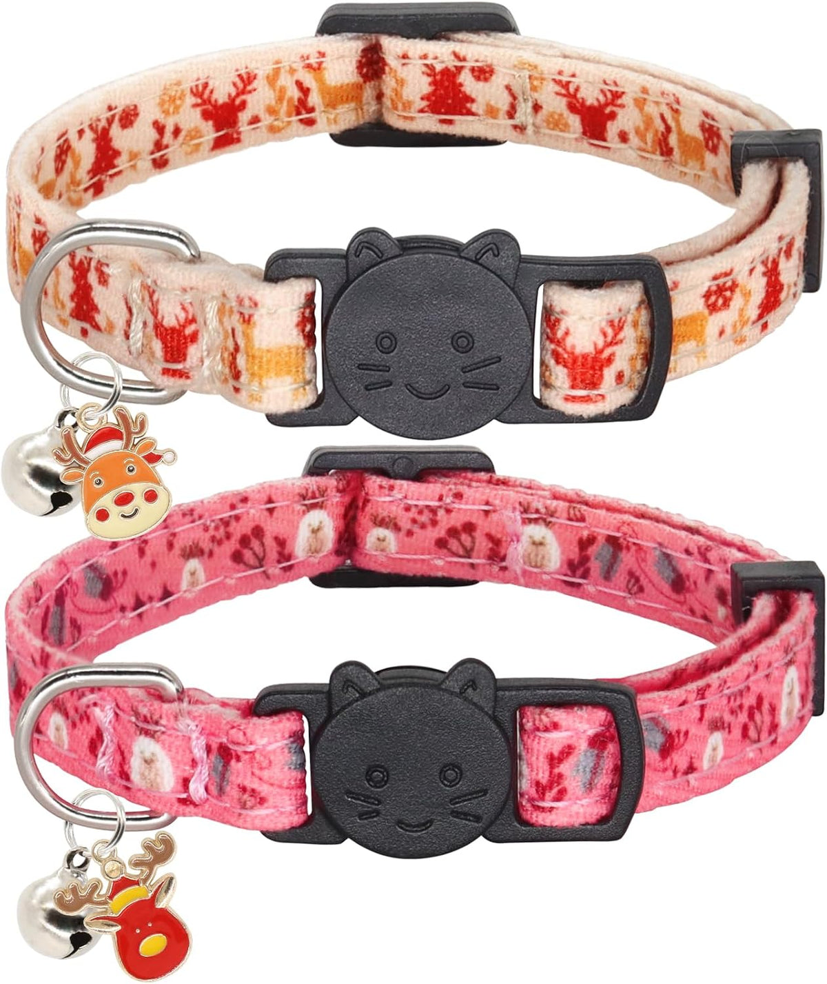 Halloween Cat Collar, Cotton 2 Pack Cat Collar with Bells - Reindeer / 7-11''