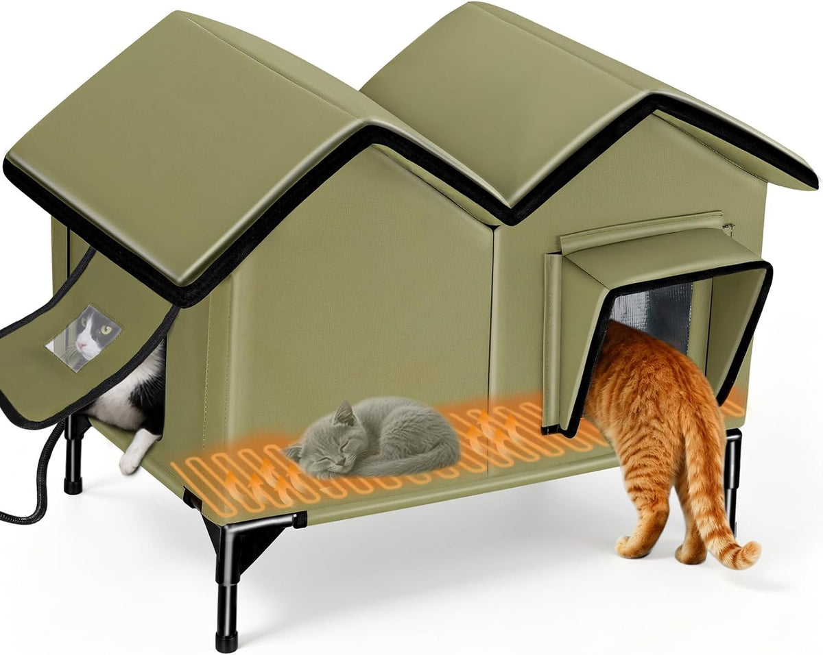 Outdoor Heated Cat House for Outside - Green / L