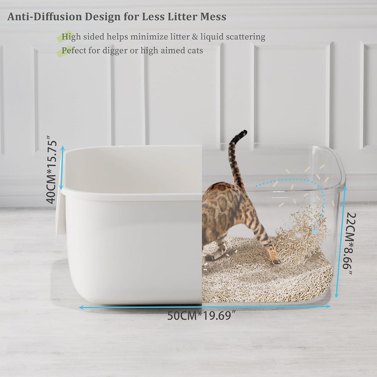 Vealind Large Cat Litter Box High Sided Entry Cat Litter Pan 50 x 40 - White - image 3