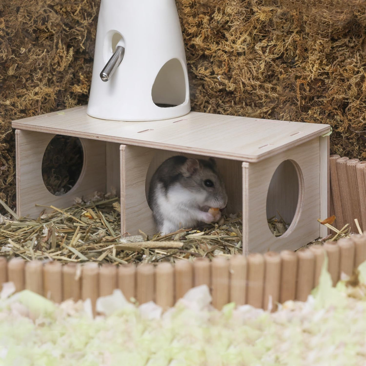 Hamster Peep Tunnel, 2-Chamber Wooden Hamster Hideout - Medium for Dwarf Hamster - image 2