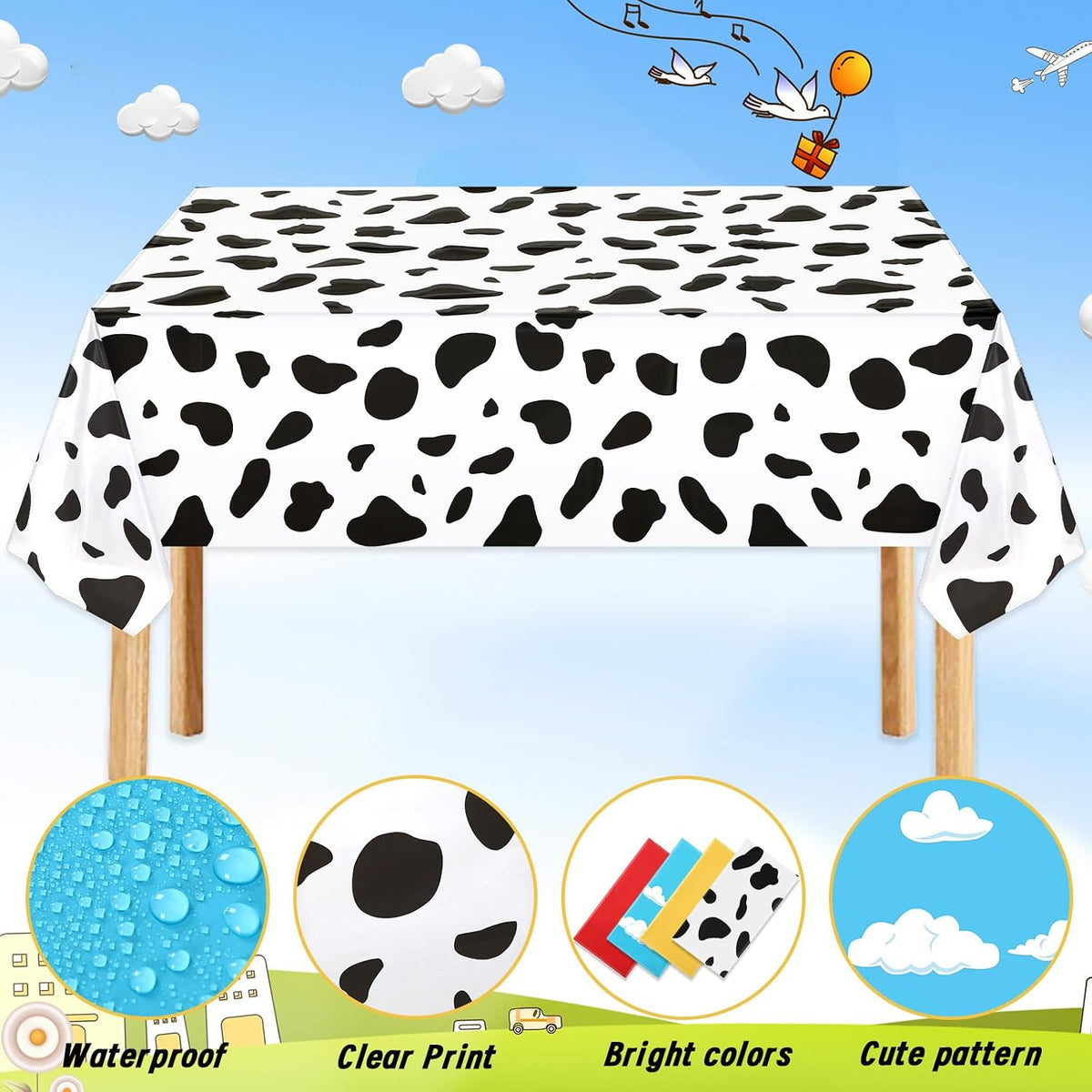 NOVWANG kids party tablecloth 4-pack in red, yellow, cloud and cow print - view 27