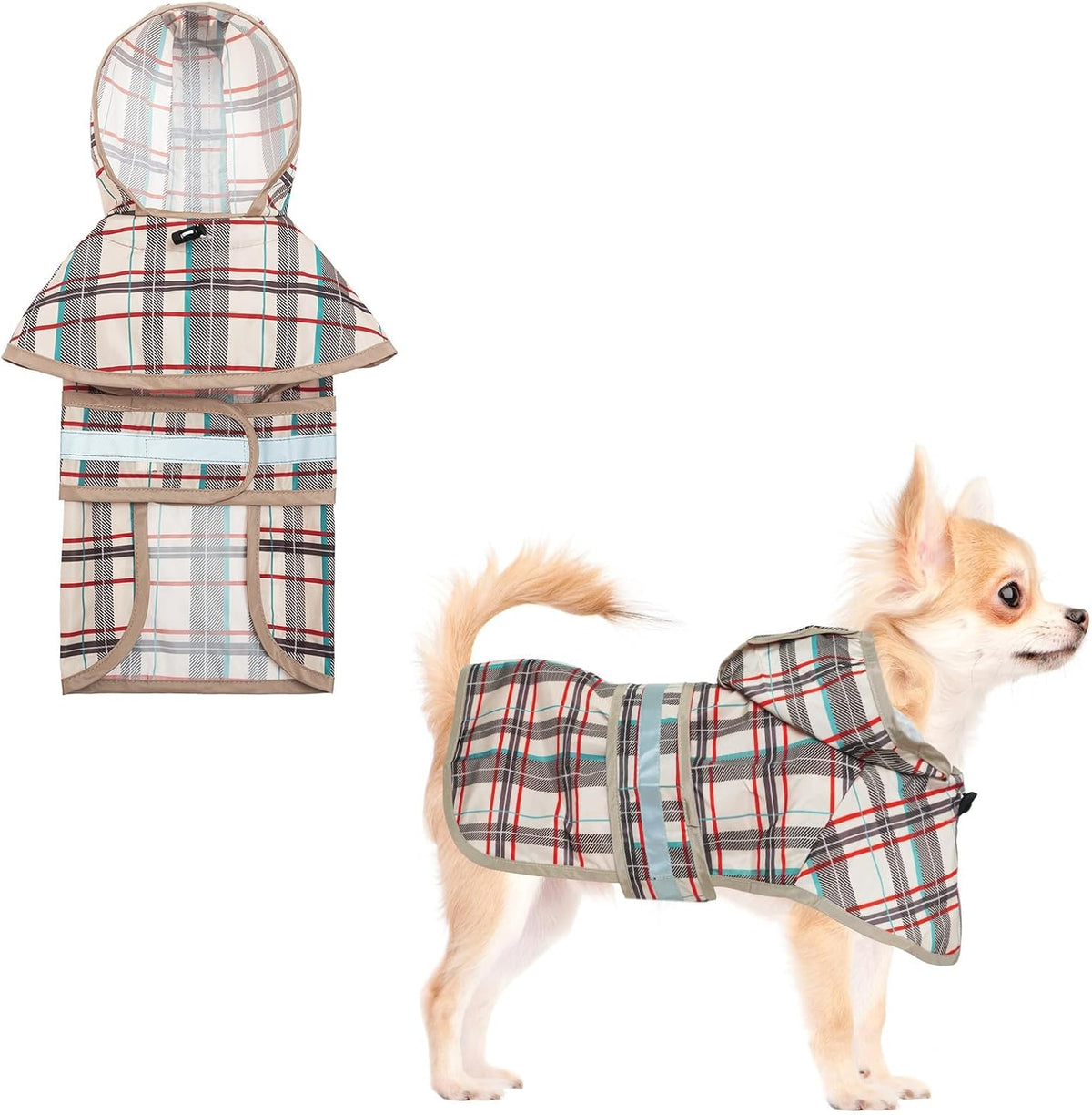 Dog Raincoat Hooded Slicker Poncho with Leash Hole - S:10-15lbs / Plaid beige