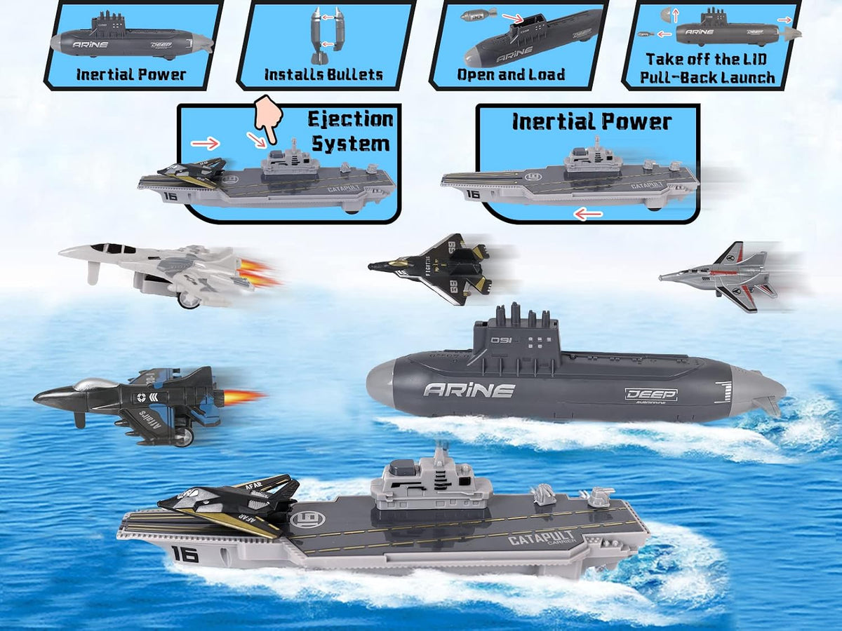 Crelloci aircraft carrier toy set with pull back fighter jets and submarine - view 3