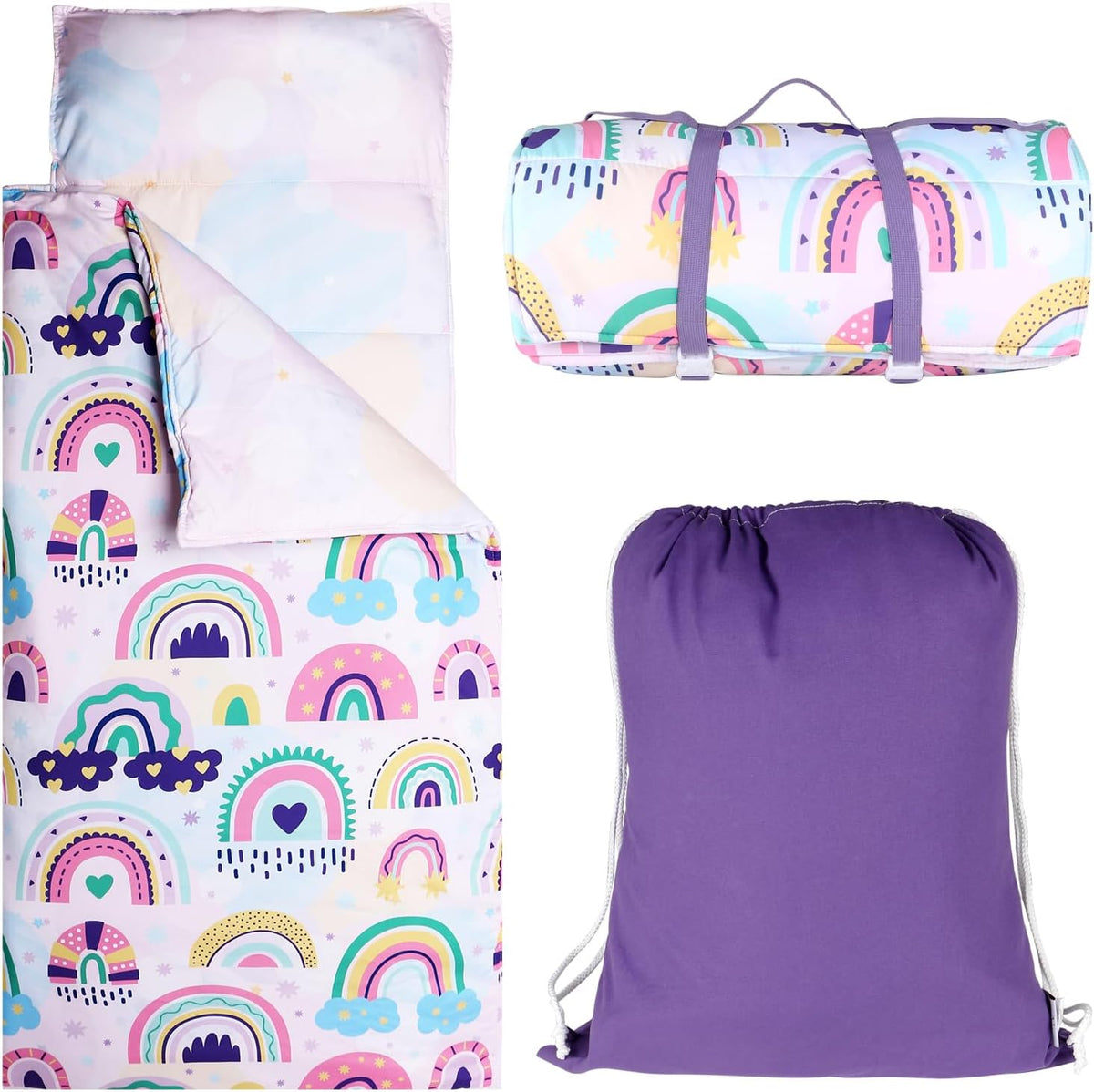 Toddler Nap Mat with Removable Pillow & Soft Blanket - Rianbow