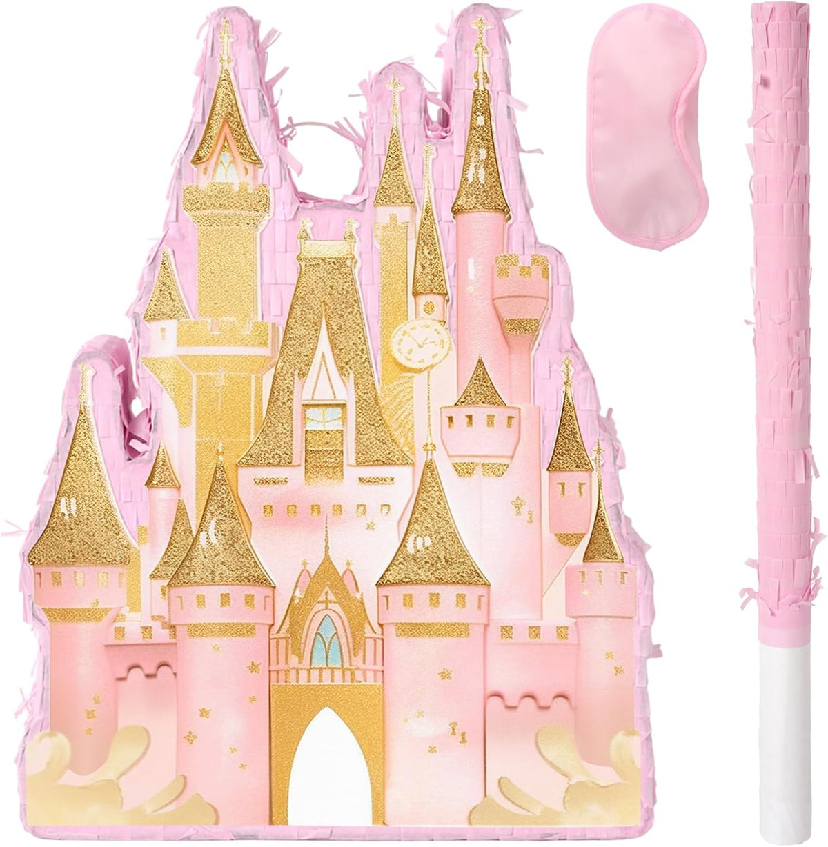 Princess Castle Pinata - Pink Castle Pinata with Blindfold and Bat for Girls Kids Princess Theme - Castle a