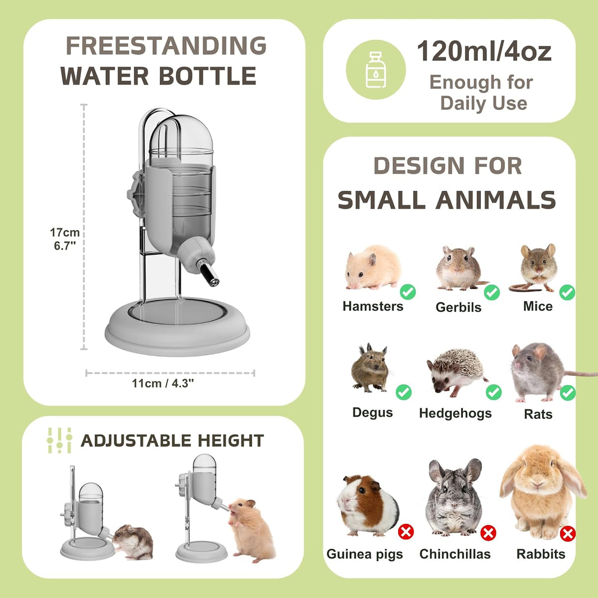 Hamster Water Bottle with Stand - Gray / 4oz - image 2