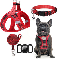 EXPAWLORER Plaid Small Dog Harness and Leash Set with AirTag Holder - Red / Large