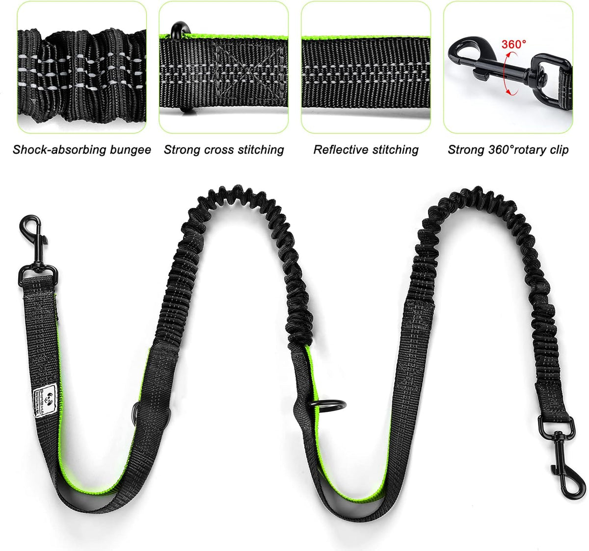 SHINE HAI Retractable Hands Free Dog Leash with Dual Bungees for 2 - Green/Black / For 2 Dog - image 3