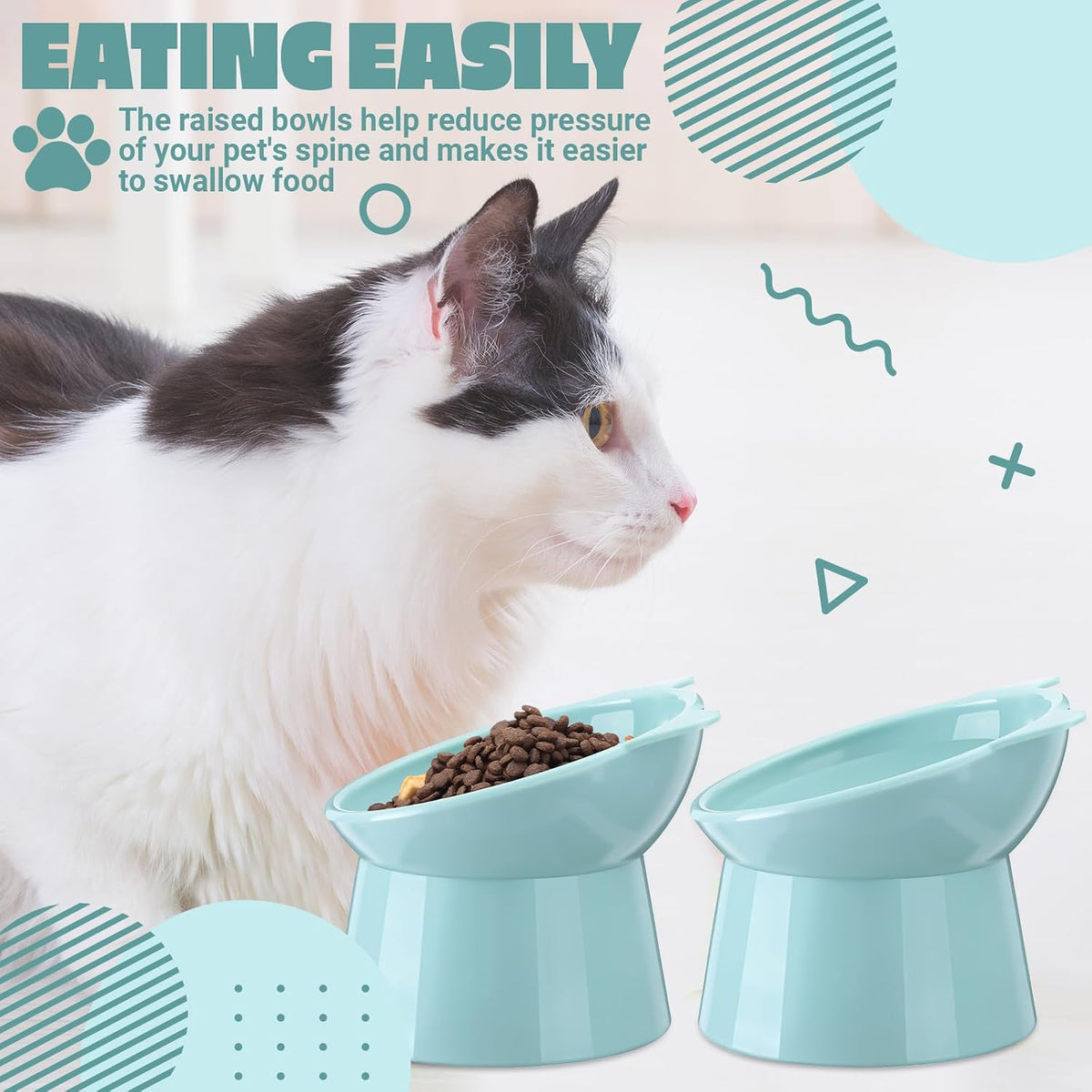 Zhehao 2 Pcs Elevated Cat Bowl Set, Tilted 15° - Cat Ears / Light Green - image 3