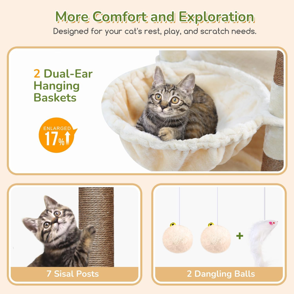 Globlazer 74in Heavy Duty Cat Tree Tower for Indoor Cats Large Adult - Beige / 74inch - image 4