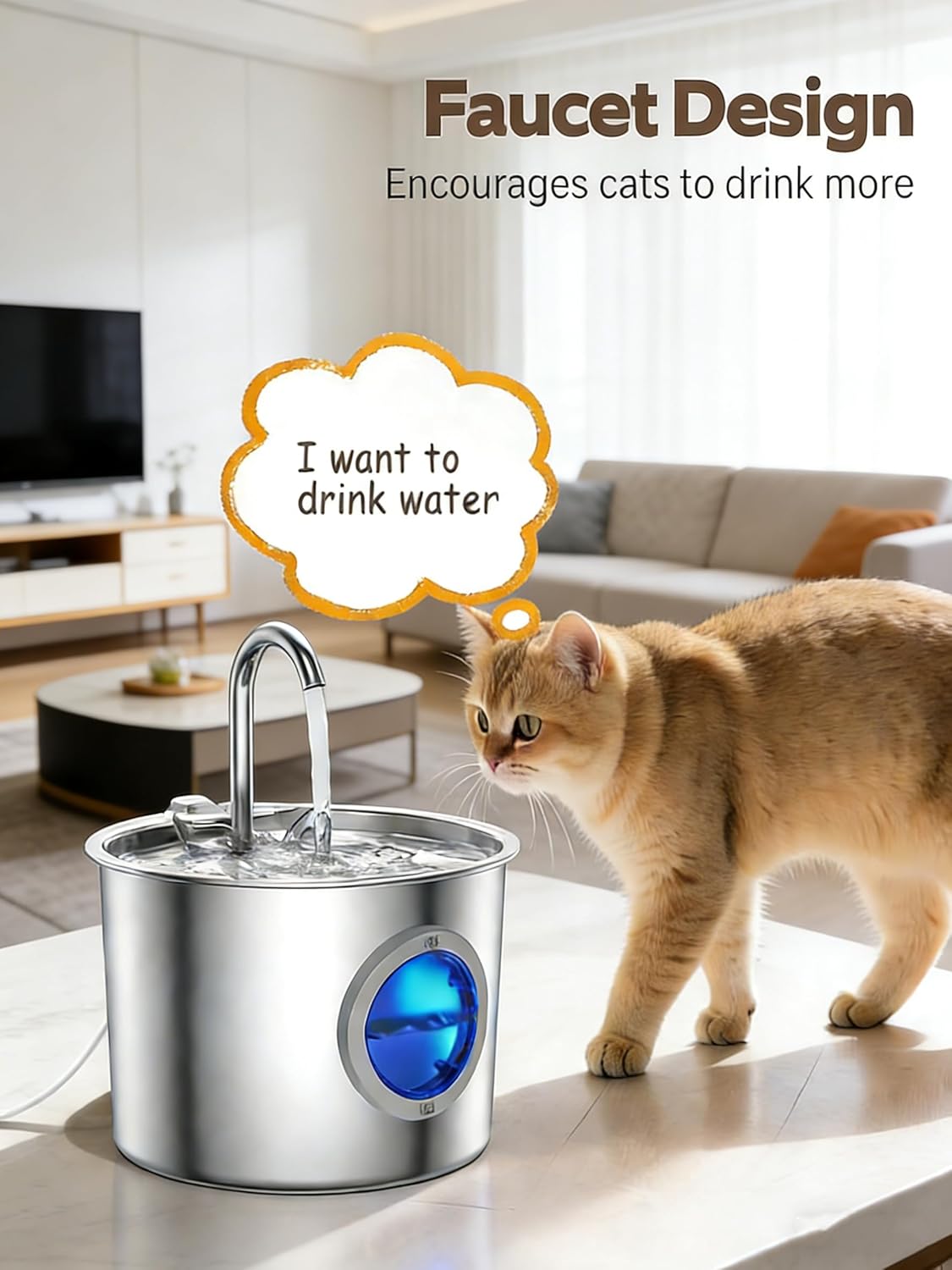 Stainless steel cat water fountain, 2.2L with water-level window and 3-stage filter - view 3