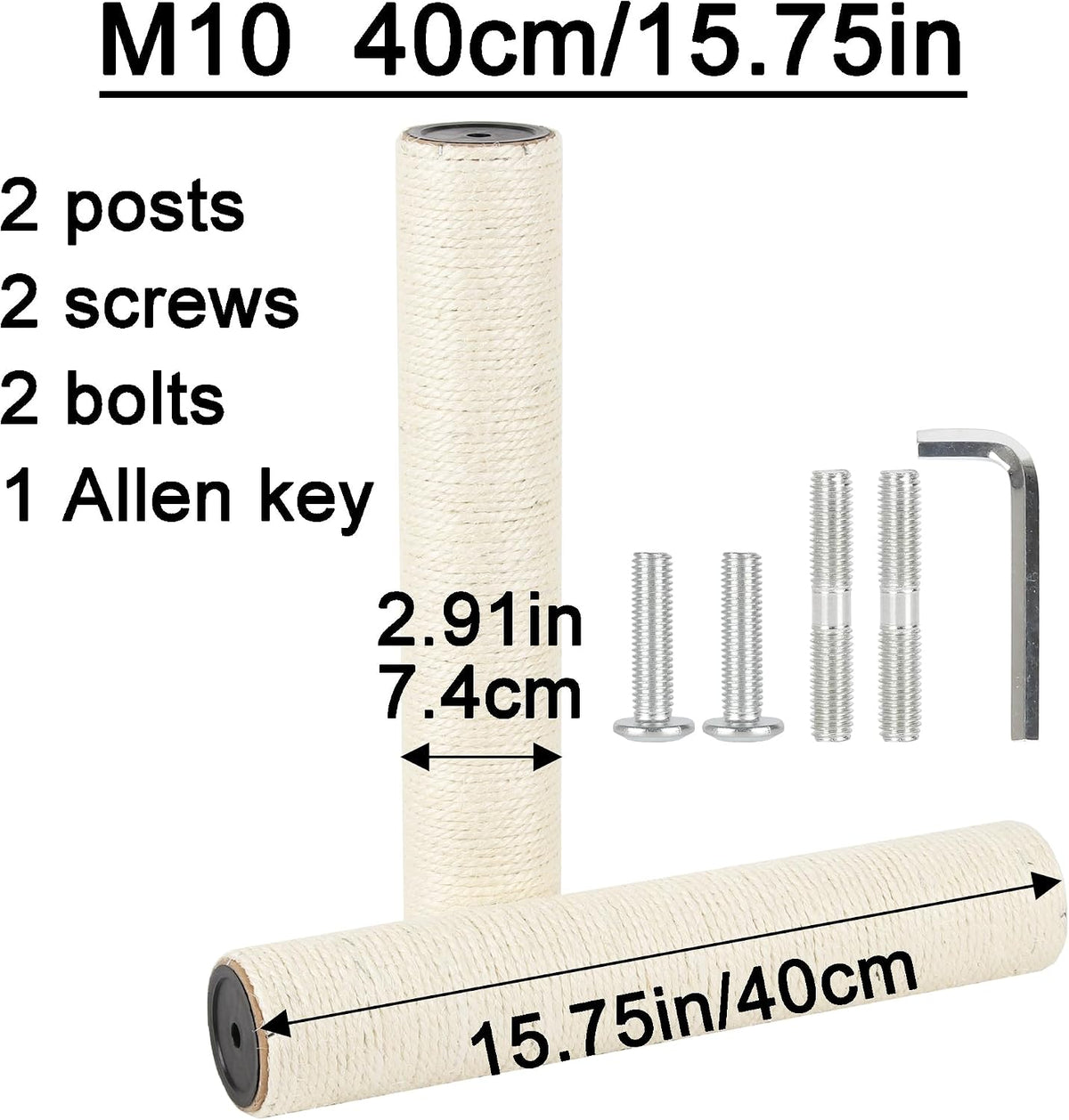 7.4cm 2.91in Diameter Cat Tree Scratching Post Replacement Sisal Pole - 15.75in/40cm / M10*2posts - image 2