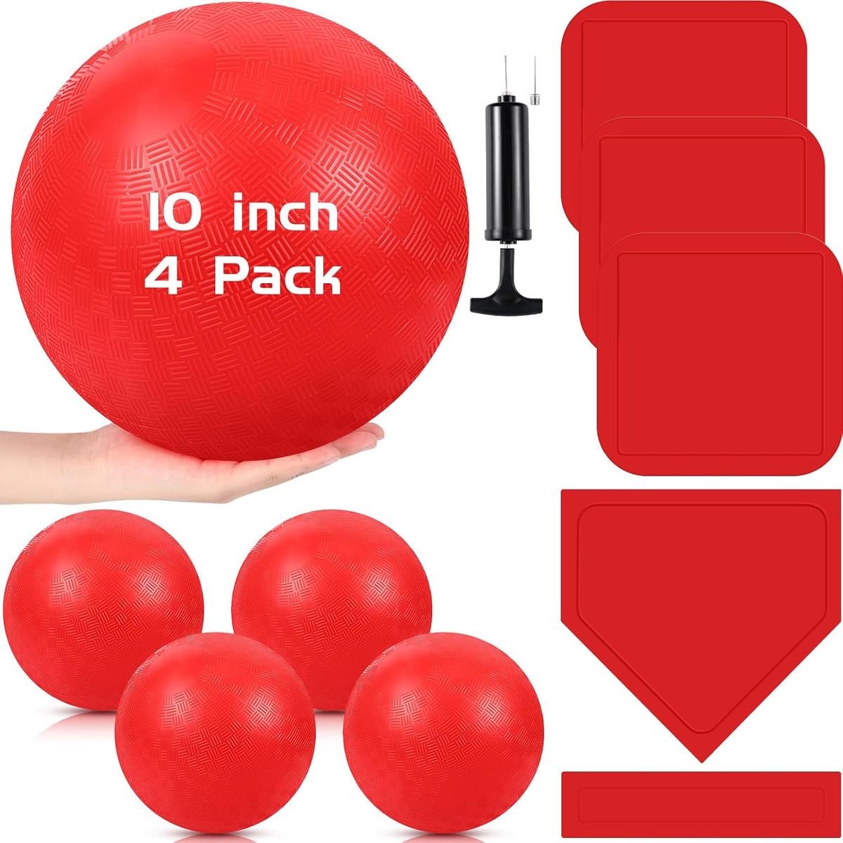 Hiboom kickball set with four 10 inch red balls, rubber bases and air pump - view 4