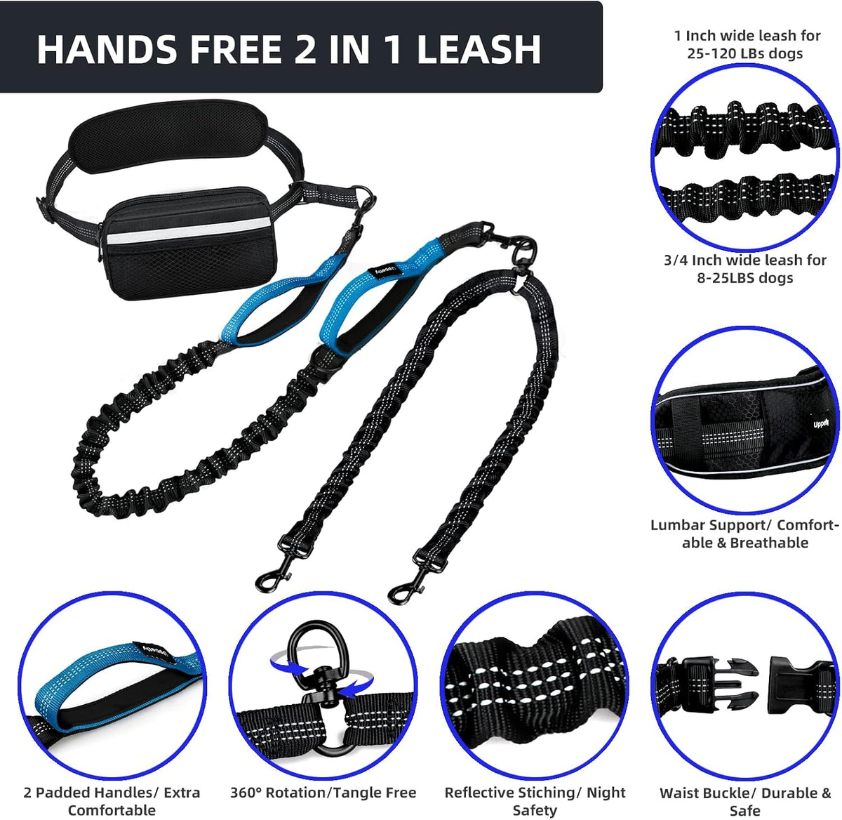 Uppetly Hands Free Double Dog Leash with Pouch - Blue / Medium/Large - image 3