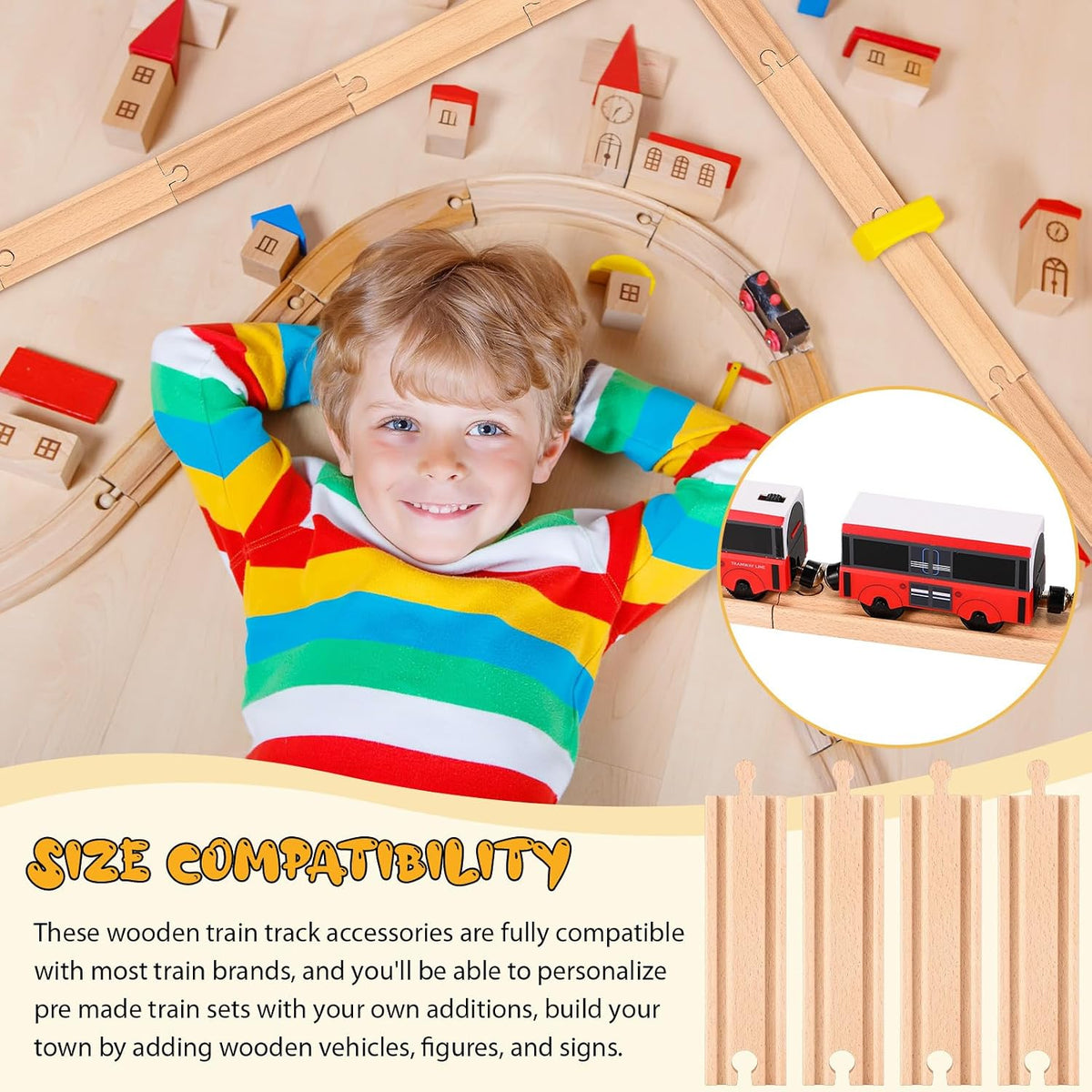 Liliful 16 straight 6 inch wooden train track pieces - view 4