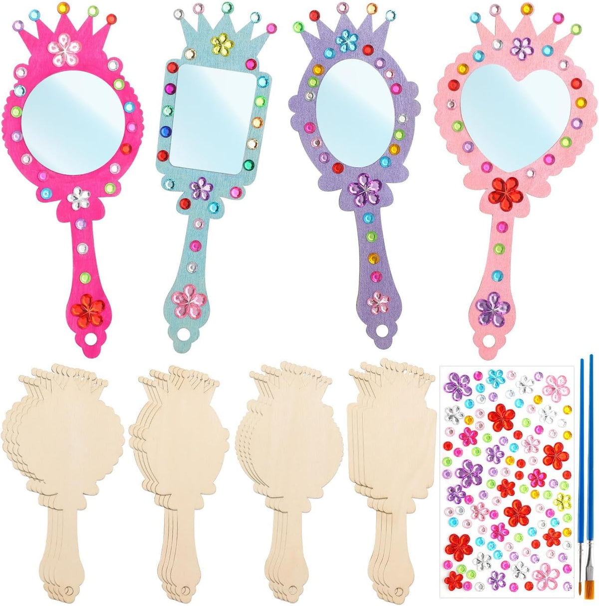 XJWWHZ wooden princess mirror craft kit, 12 DIY mirrors with gem stickers and brushes - view 2