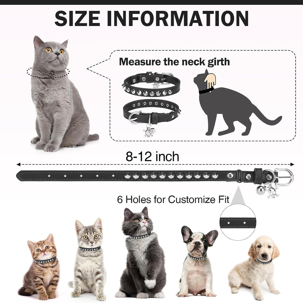 Leather Cat Collar, Breakaway Kitten Collars with Bell, Black – Essentials for Small Pets - Black_Studded / 7"-9" For Cats(Pack of 1) - image 4