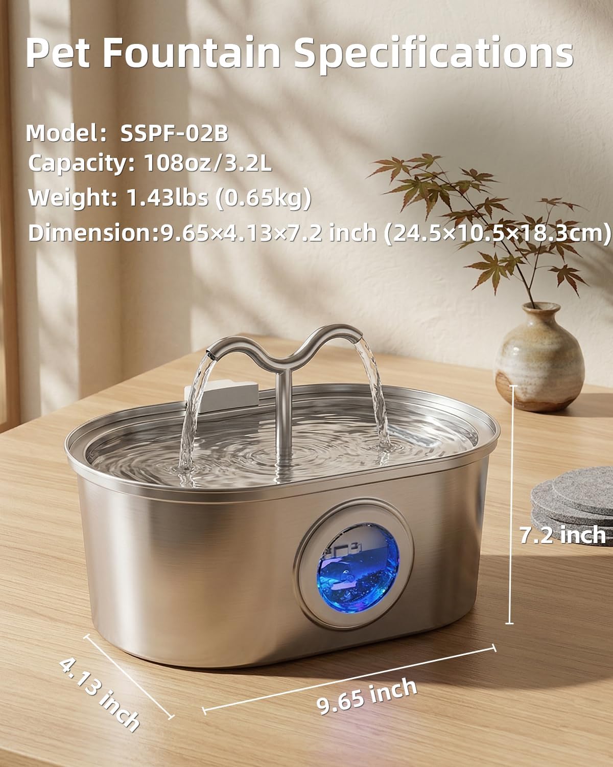3.2L/108oz Stainless Steel Cat Water Fountain Pet Fountain – Essentials for Cats - Fountain+6 Filters +6 Sponges - image 3