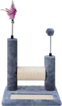 Grey cat scratching post with spinning sisal scratcher and plush base