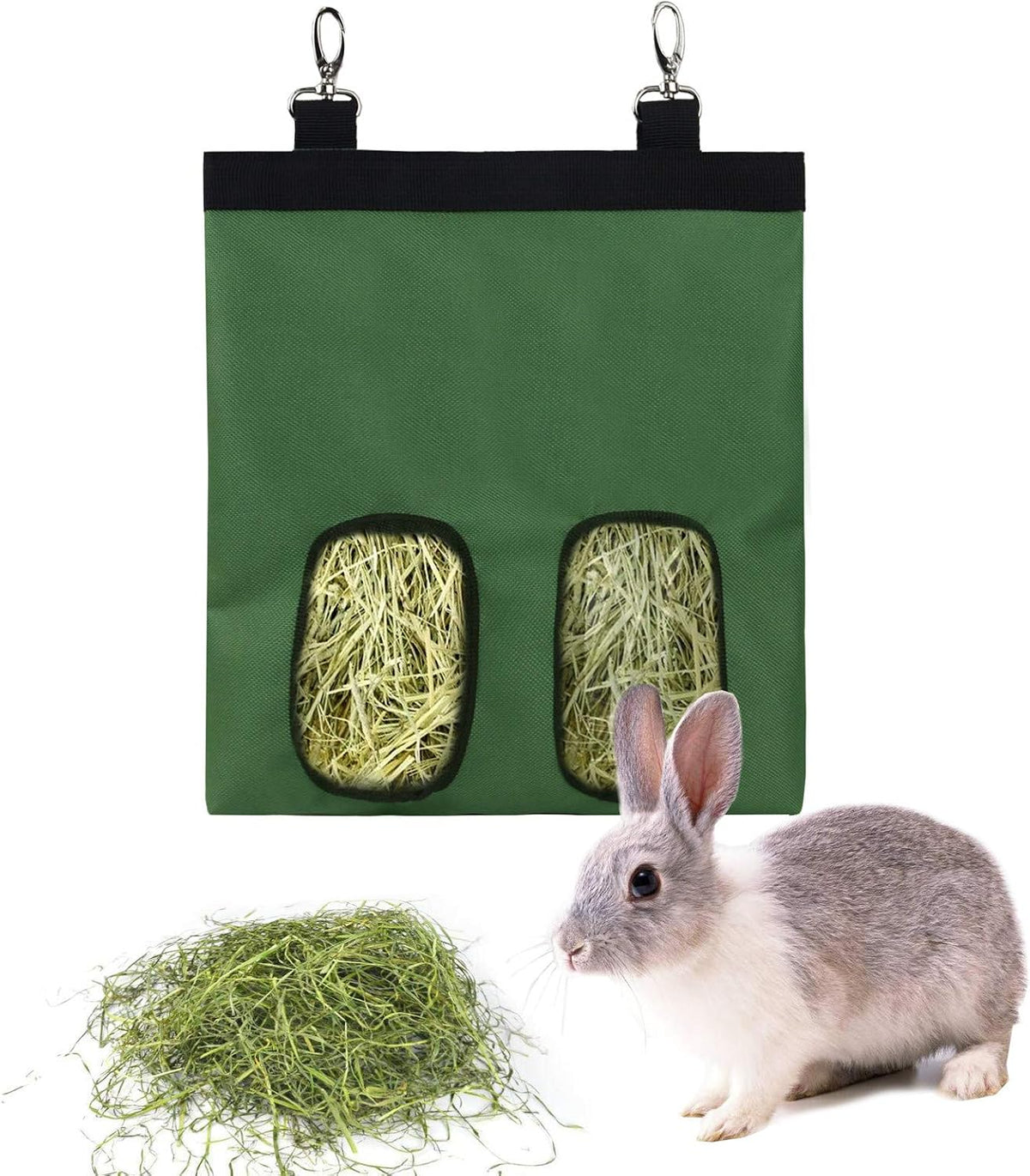 Rabbit Hay Feeder Bag Hanging Hay Rack – Essentials for Small Pets - 2 Windows / Green