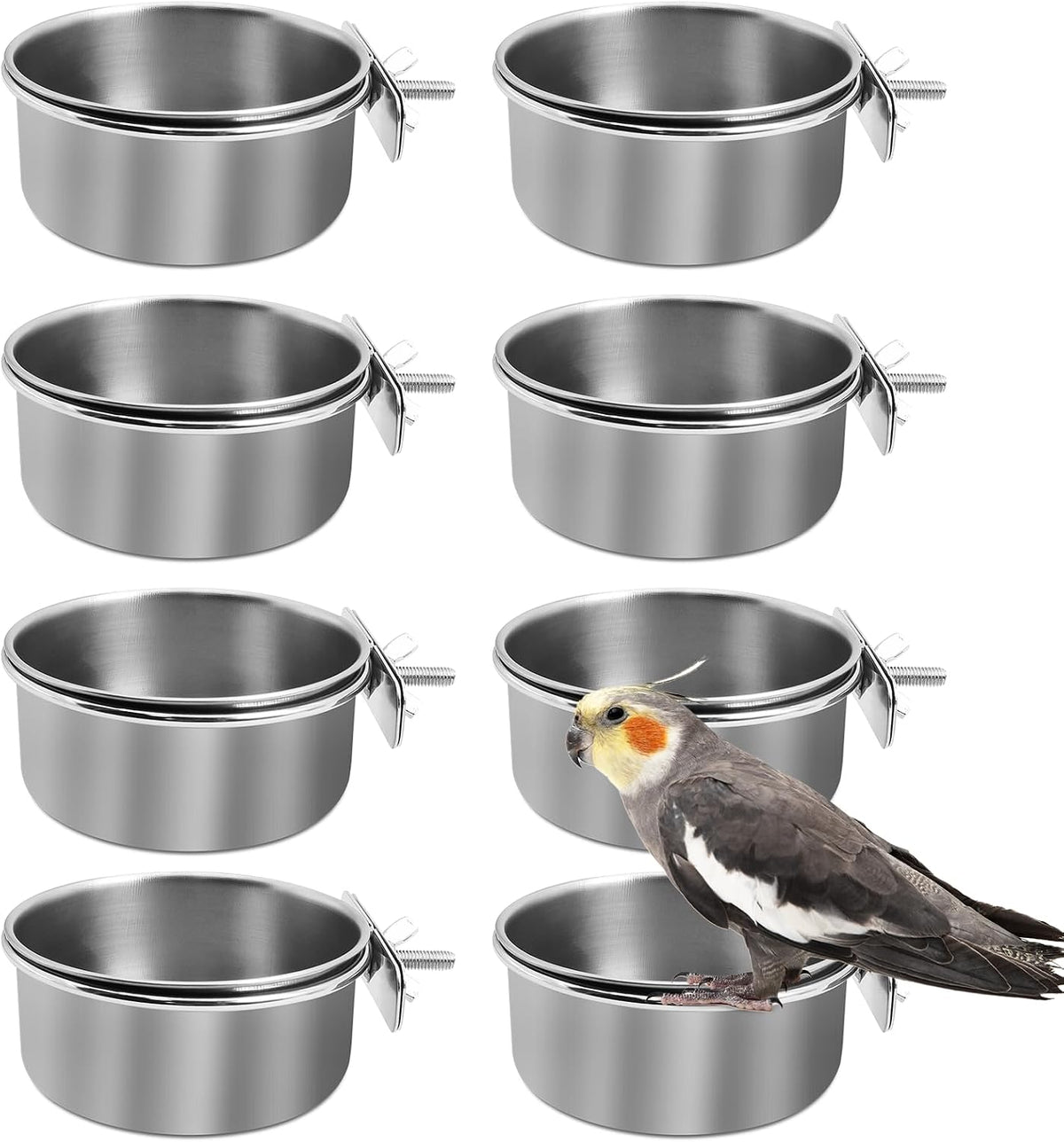 8 pack stainless steel bird feeding dish cups with clamp holders, 3.9 inch diameter
