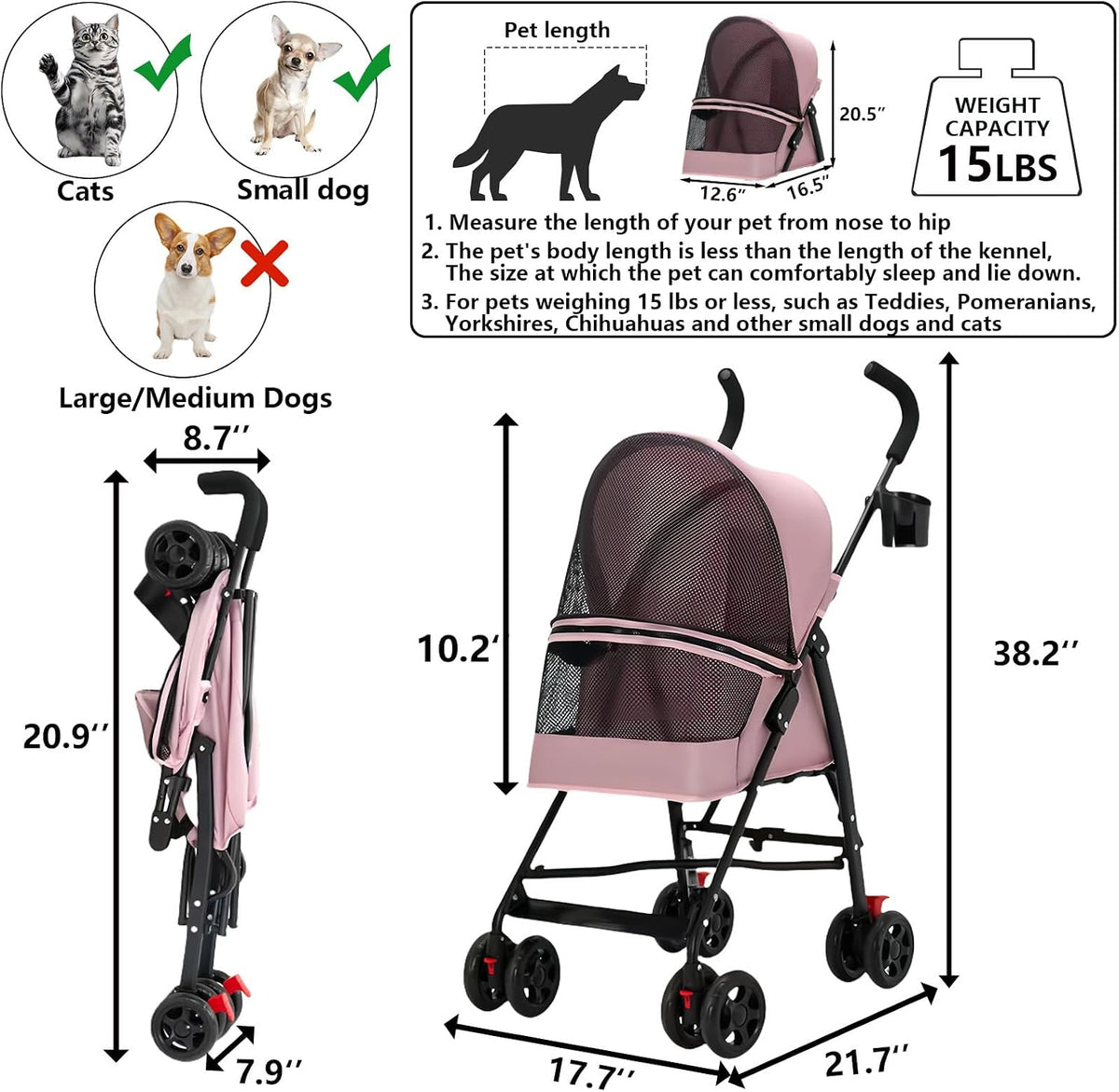 Cat Stroller Foldable Lightweight for Small Dogs Cats 0-15 lbs Pink – Essentials for Dogs - pink - image 2