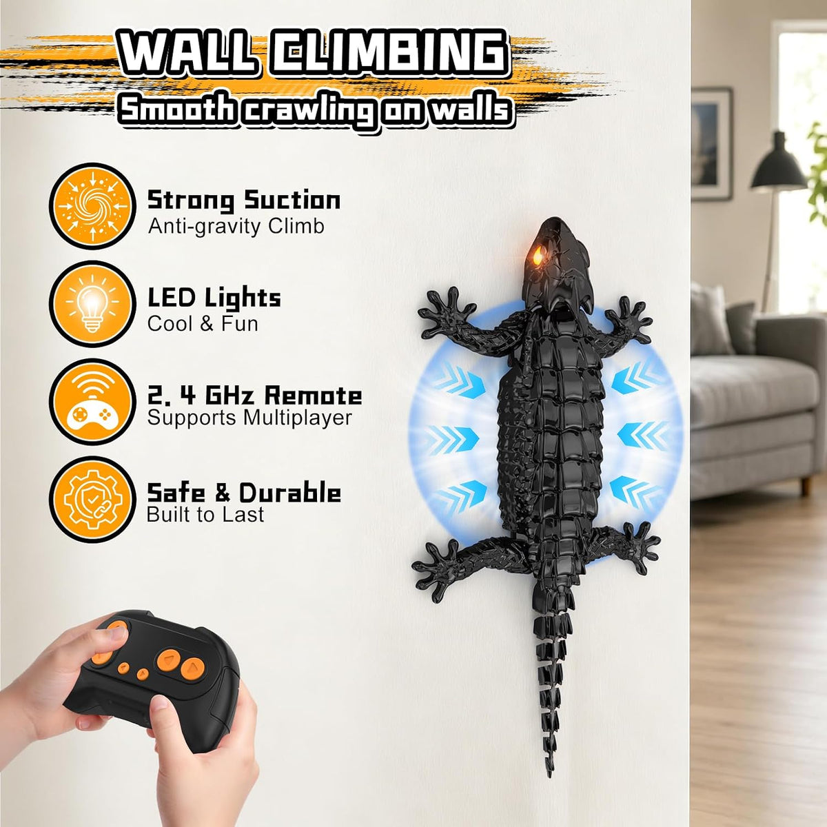 RC Wall Climbing Gecko, Rechargeable Remote Control Robot for Kids – Fun for Kids & Family - Black - image 2