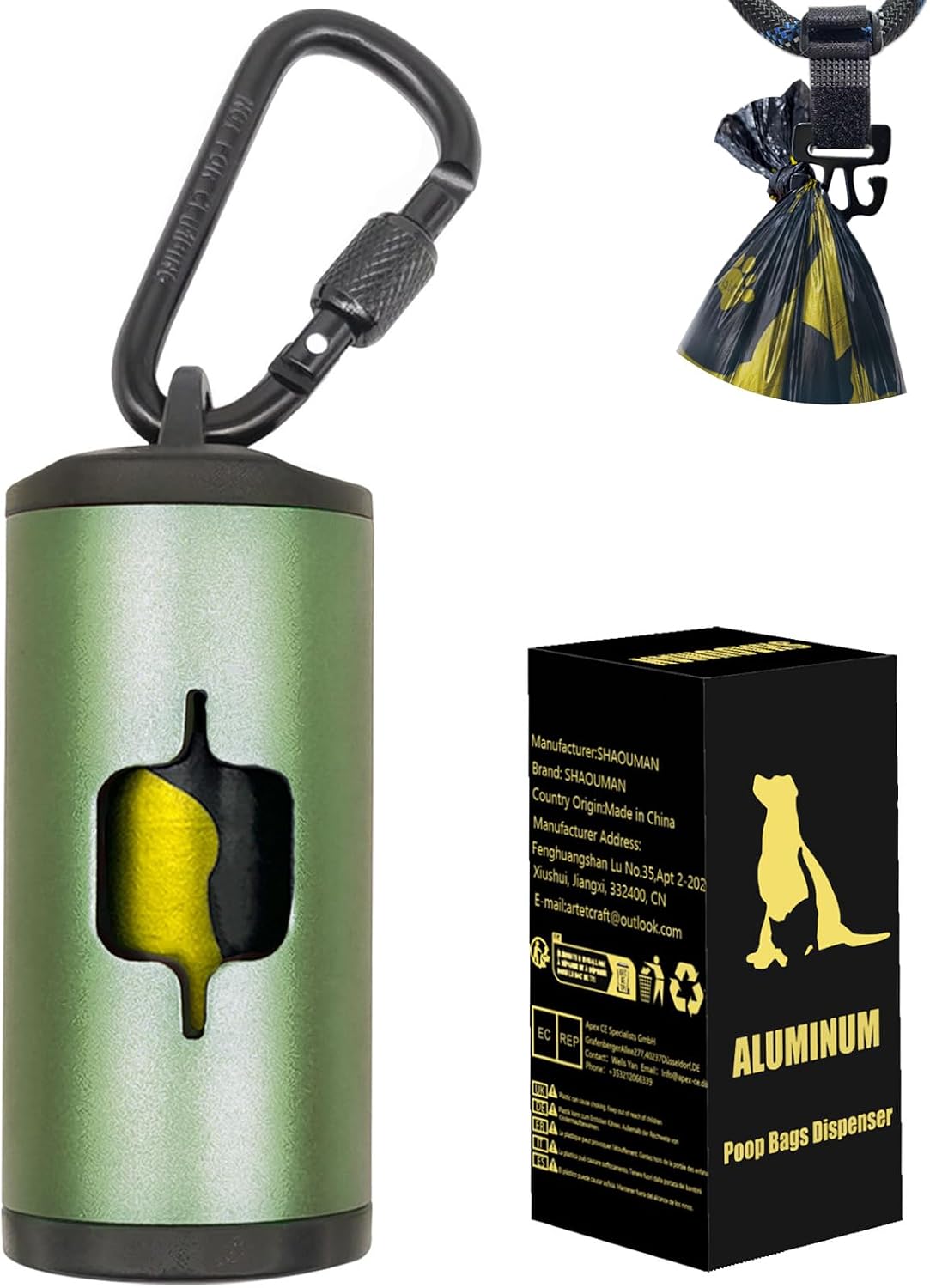 Metal Dog Poop Bag Holder 2-Pack w/Leash Clip - Dark Green / 1 Holder 15 Bags