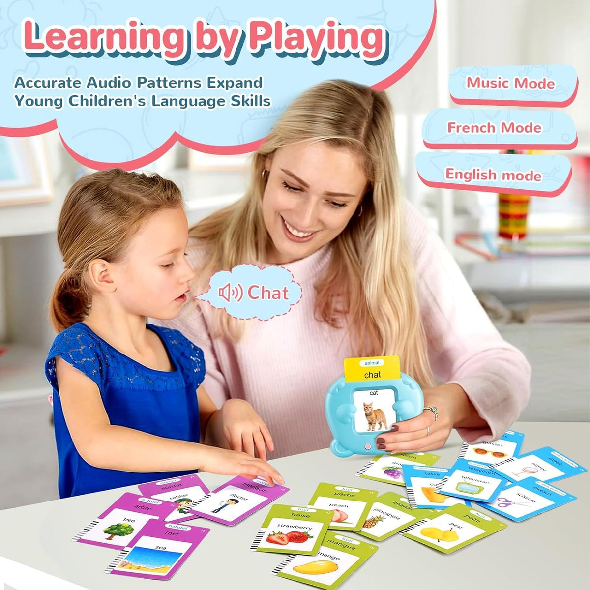 Spanish & English Talking Flash Cards for Toddler - Blue / French & English (224 Words） - image 4