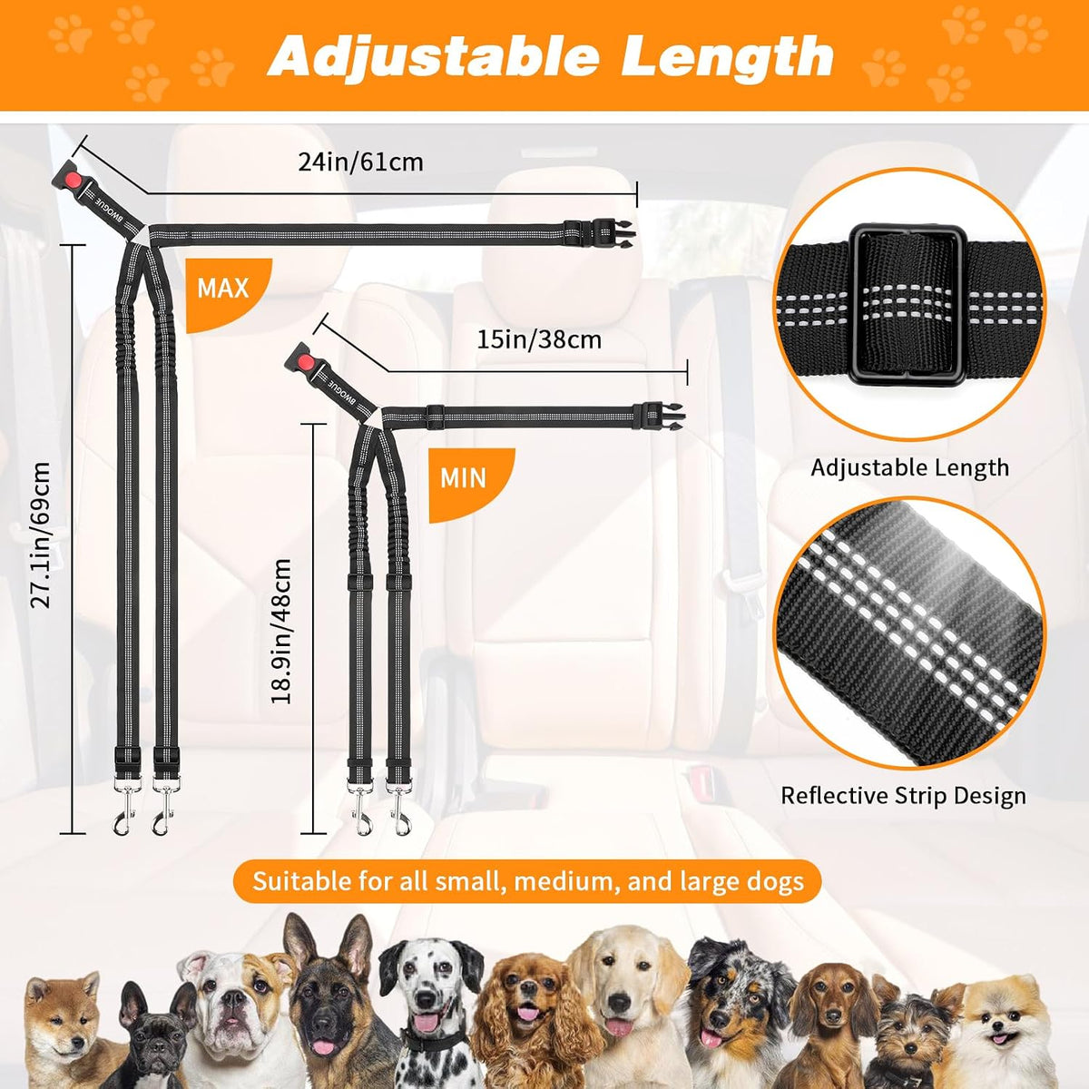 Dog Seat Belt for Car, Headrest Restraint Safety Lead, Dogs Cats – Essentials for Dogs - Black / Elastic(Double Leash) - image 2