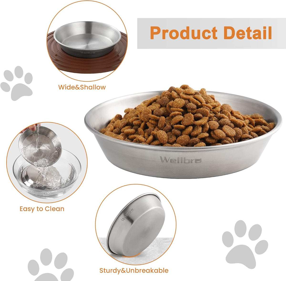 Cat Bowls, 304 Stainless Steel Non-Slip Wide Shallow - 2 Basic Bowls - image 3