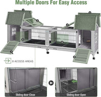 Wooden Rabbit Hutch with Wheels, Indoor Outdoor Bunny Cage with Removable Netting, Guinea Pig House with Leak-Proof Trays