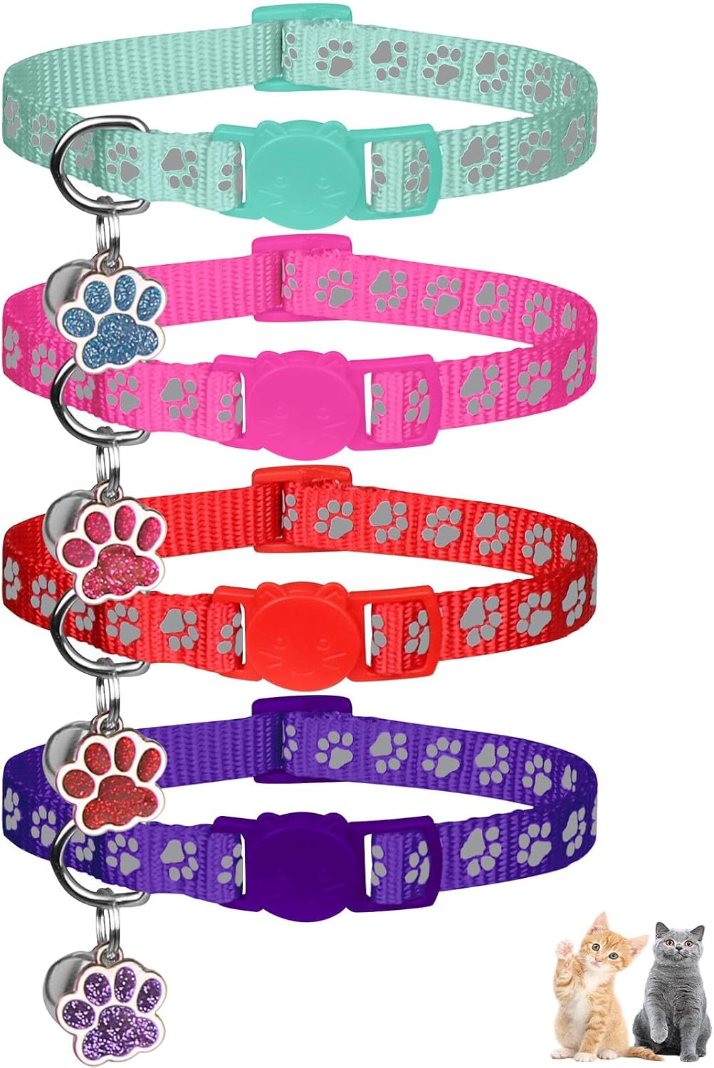 4PCS Breakaway Cat Collars, Reflective Cat Collar with Bells - 7.5-12.6 Inch / Purple+Hotpink+Red+Teal