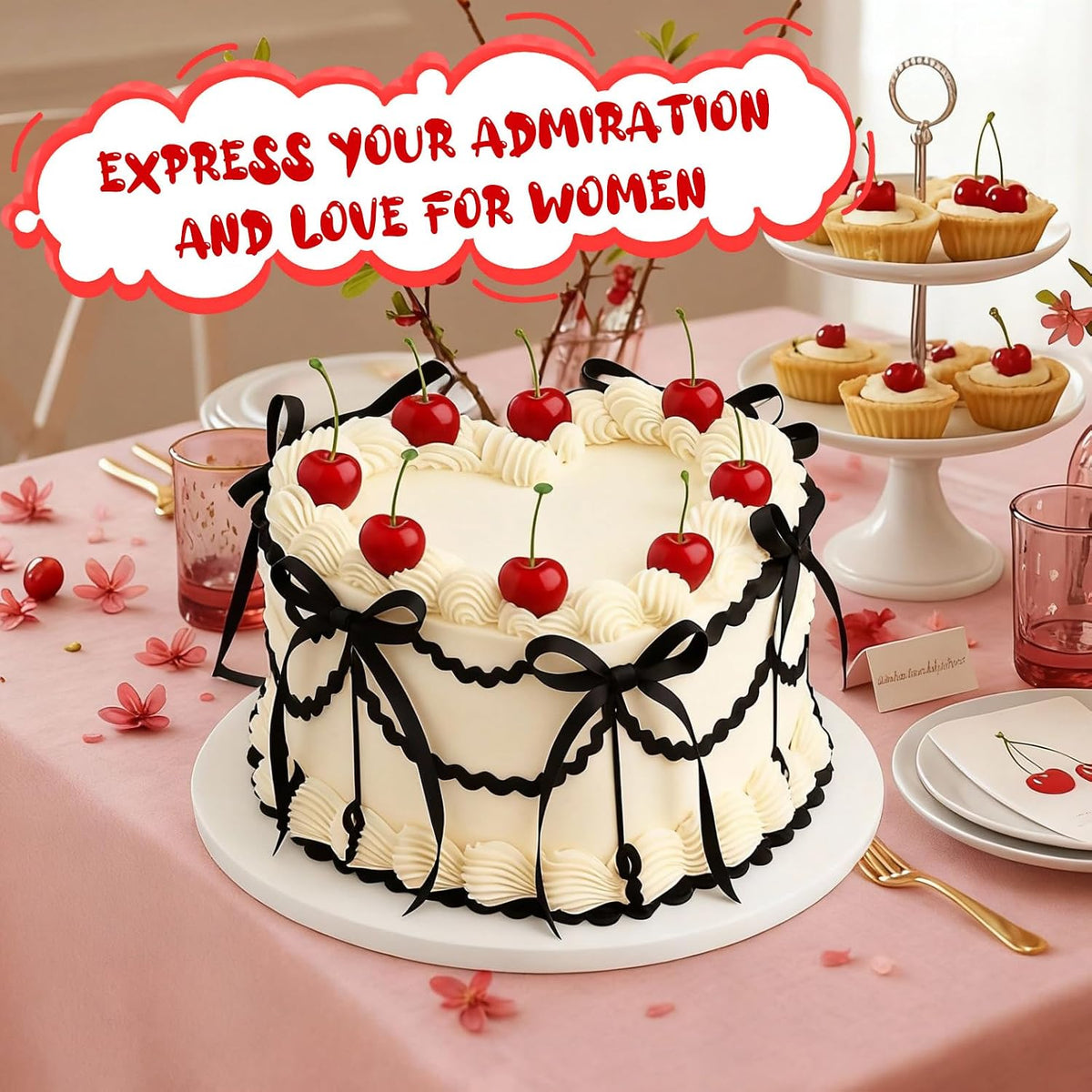Chunful fake cherry cake toppers with red polyester bows - view 37