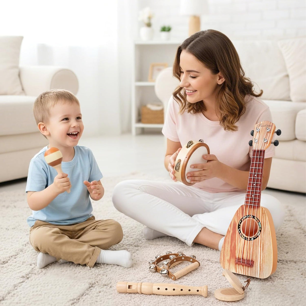 Vanplay kids guitar set with ukulele, maracas, tambourine, flute, castanets, triangle and hand bells - view 2