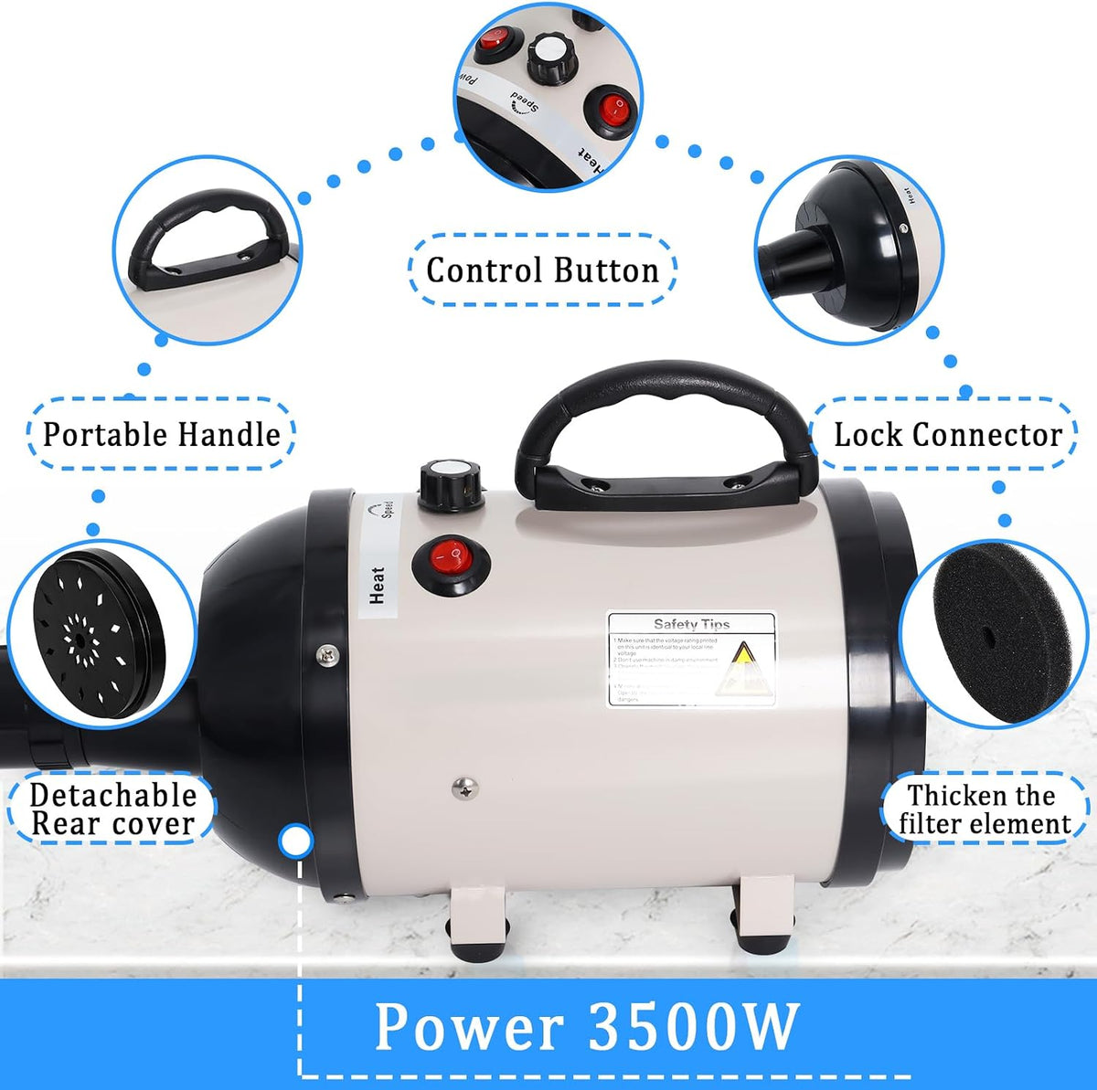 Dog Dryer for Large Dogs 5.2HP 3800W High Velocity Pet Hair Dryers – Essentials for Dogs - Beige - image 3