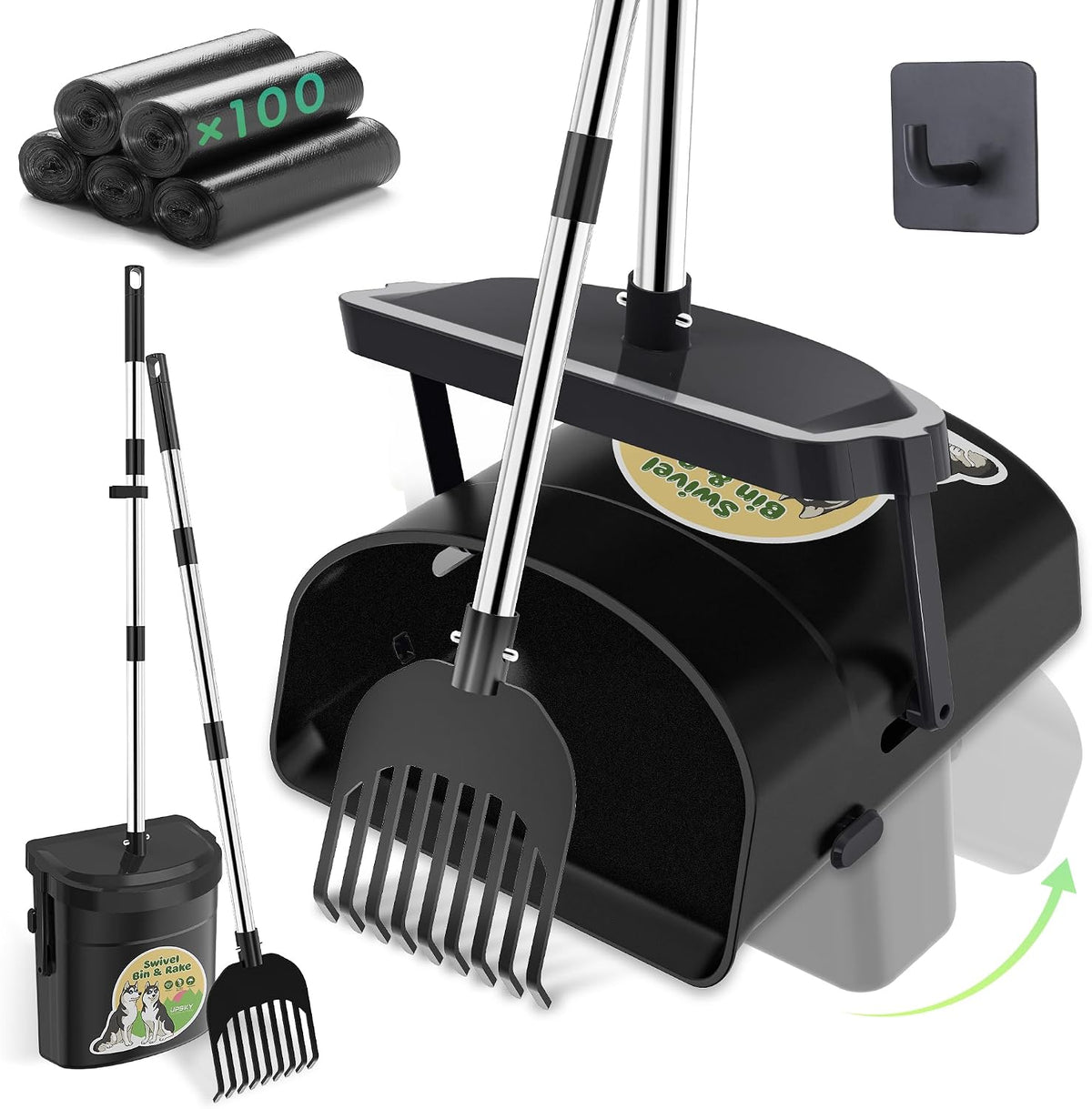 UPSKY 33.4" Dog Pooper Scooper Swivel Bin & Rake Kit with 100 Waste - Black