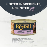 Reveal Natural Wet Cat Food, 24 Count, Grain Free, Limited Ingredient Canned Food for Cats, Tuna Fillet with Shrimp in Broth, 2.47 oz Cans