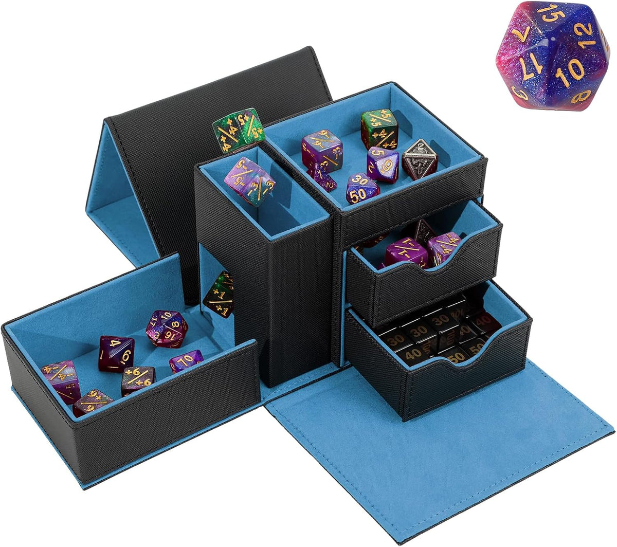 Stepane dice tray and dice tower storage box in black and red PU leather with drawers - view 7