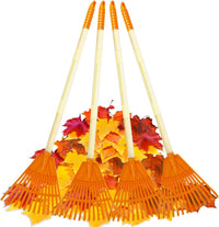 POMIKU kids rakes, four orange child size leaf rakes with wooden handles