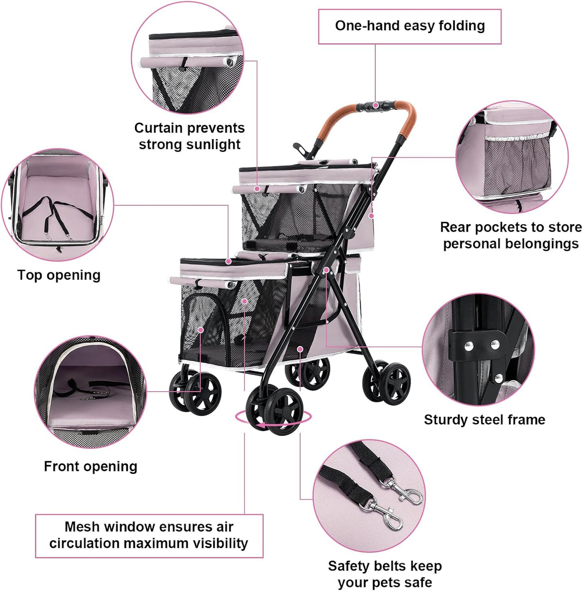 Double Pet Stroller for 2 Dogs & Cats, Double-Decker, Blue – Essentials for Dogs - Pink - image 4
